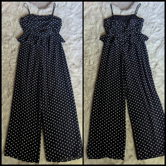 EUC Lulus Show Them Up Black Floral Embroidered Peplum Wide Leg Jumpsuit - Picture 2 of 15